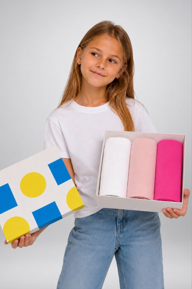 Set of 3 Basic Girls' T-Shirts. Colors: Powder Pink, White, and Pink.